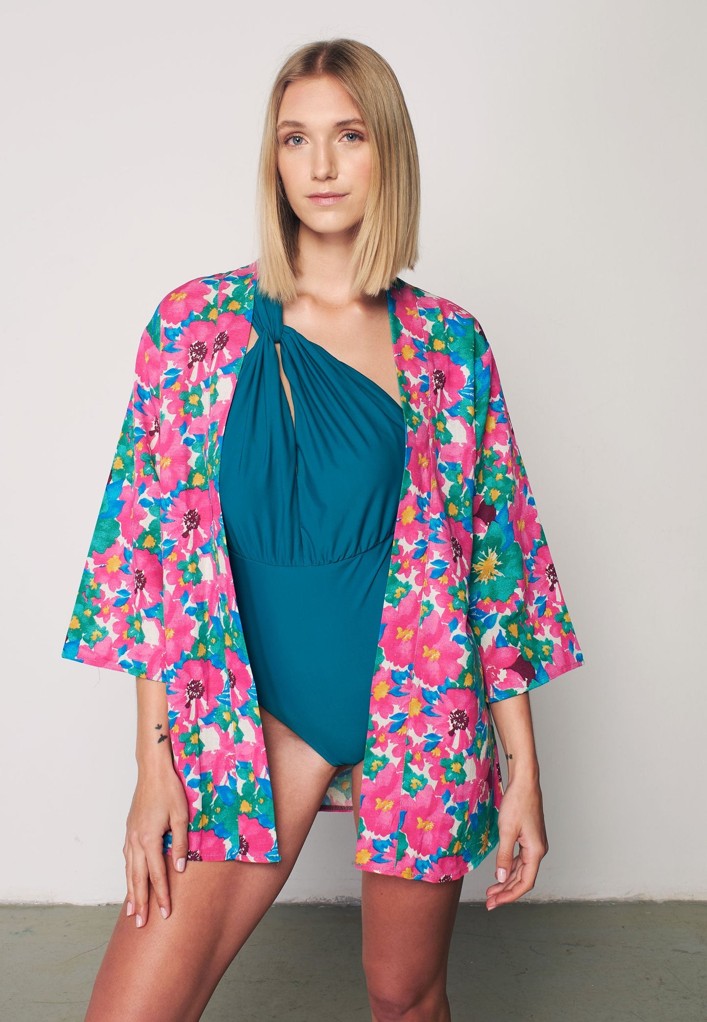 Women's Multi Patterned Linen Kimono - Fuschia