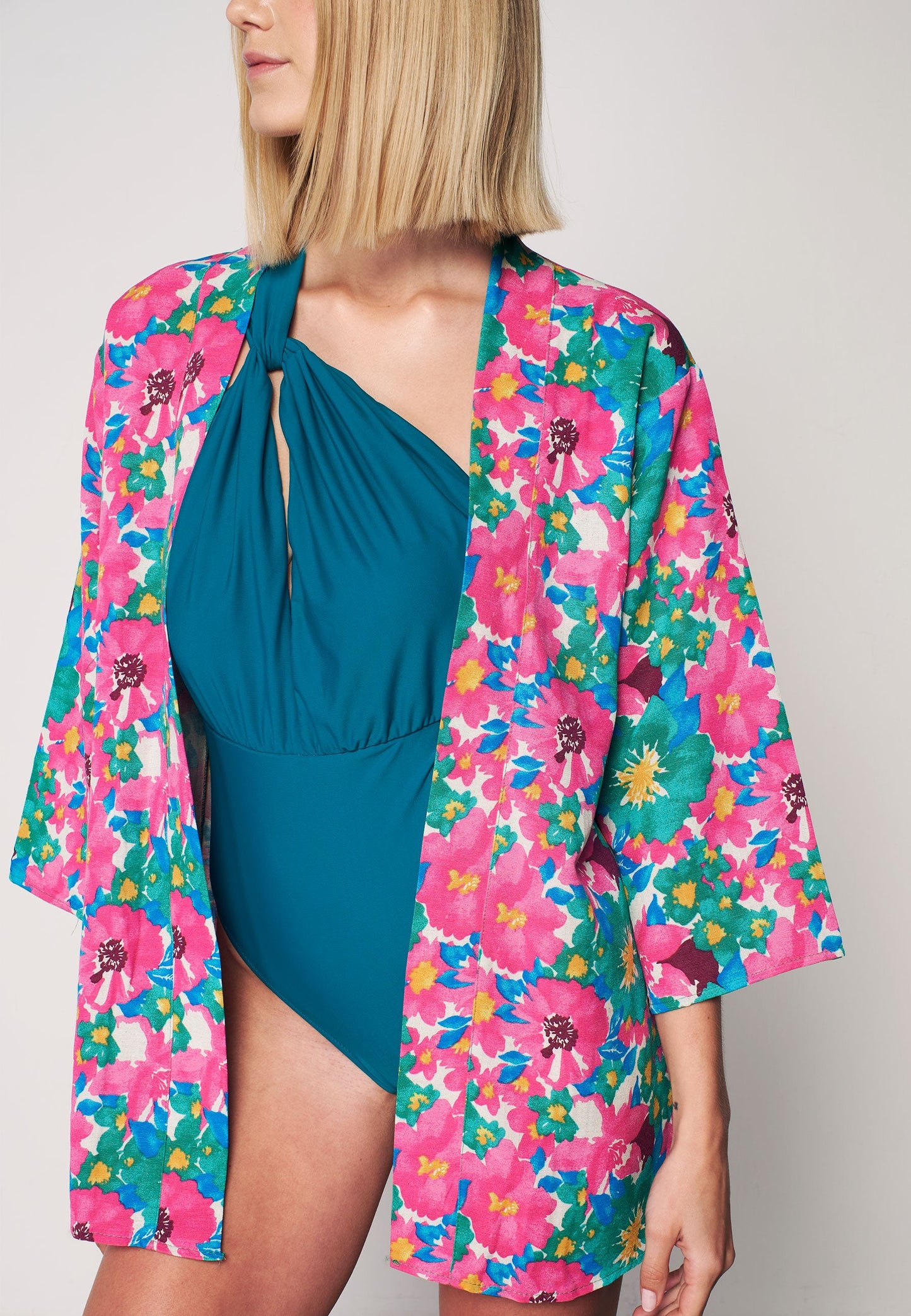 Women's Multi Patterned Linen Kimono - Fuschia