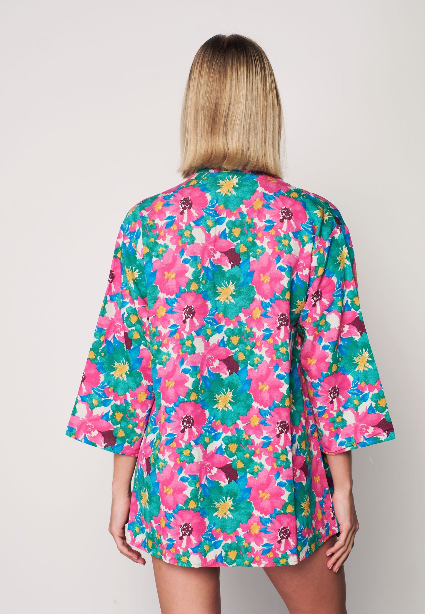 Women's Multi Patterned Linen Kimono - Fuschia