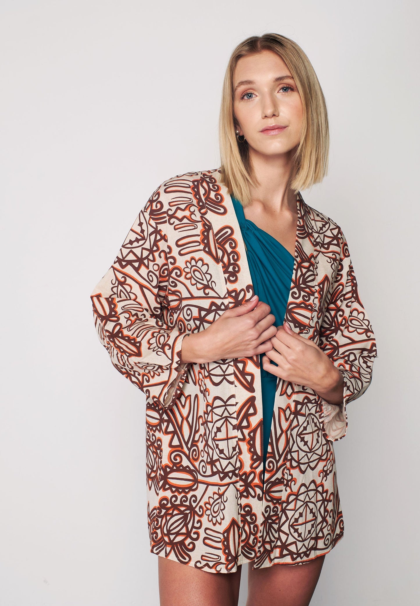 Women's Multi Patterned Linen Kimono - Brown