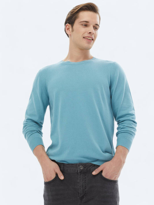 Strickpullover aus Baumwollmischung mit Rundhalsausschnitt und schlichtem Strick