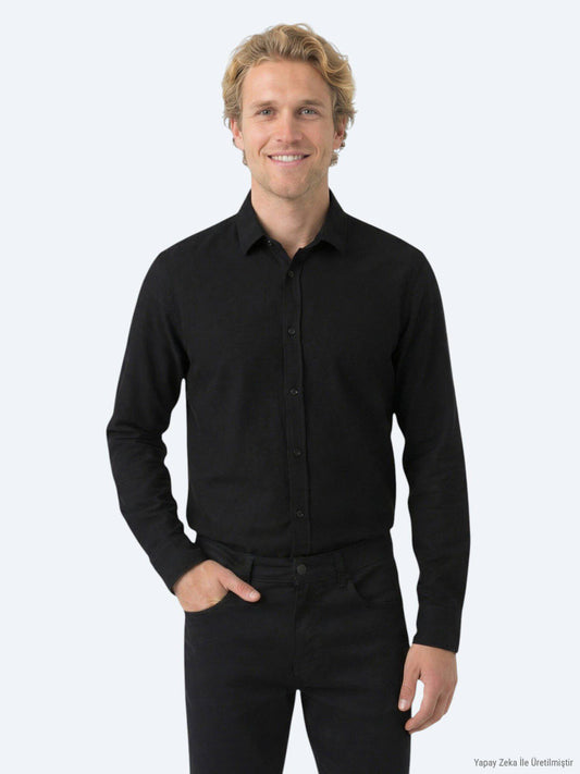 Schwarzes Cord Regular Fit Woven Velvet Hemd