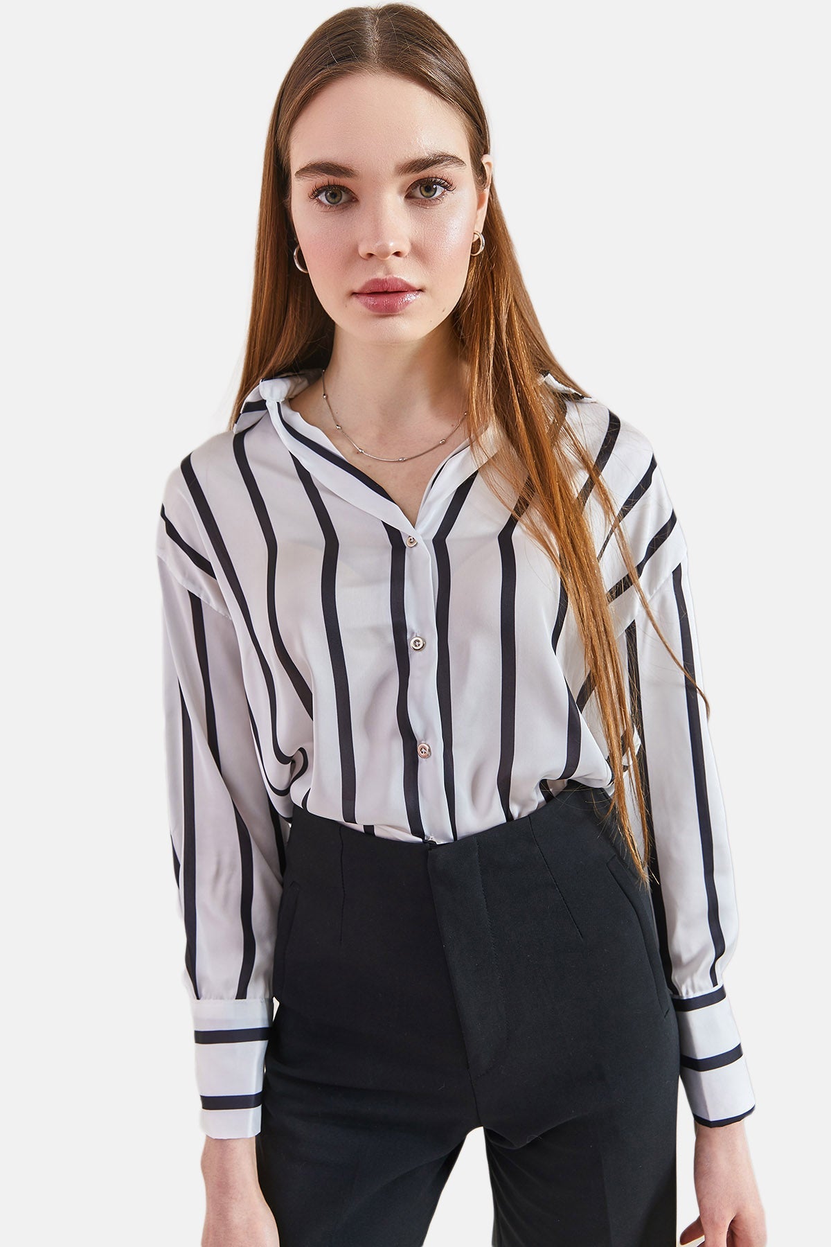 Herita Women's Cuff Sleeve Striped Satin Shirt