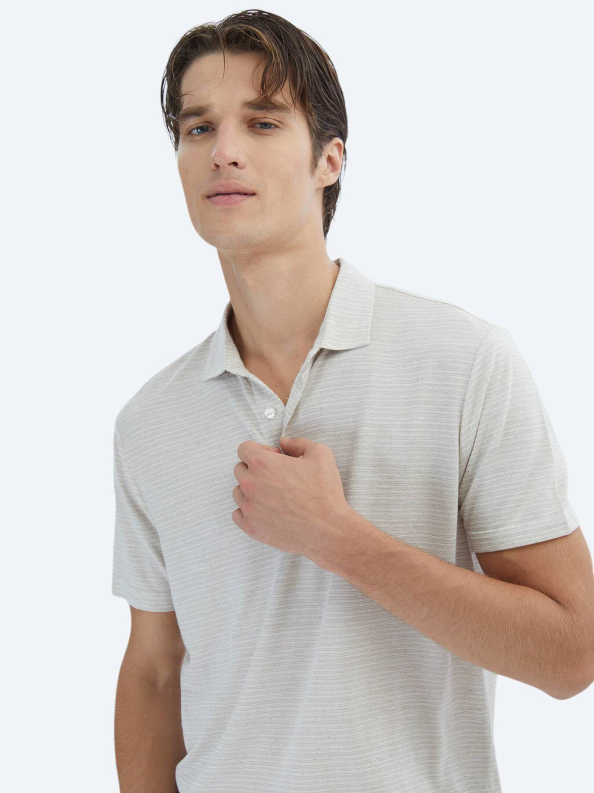 Gestreiftes Baumwollmischung Polo-Hals T-Shirt