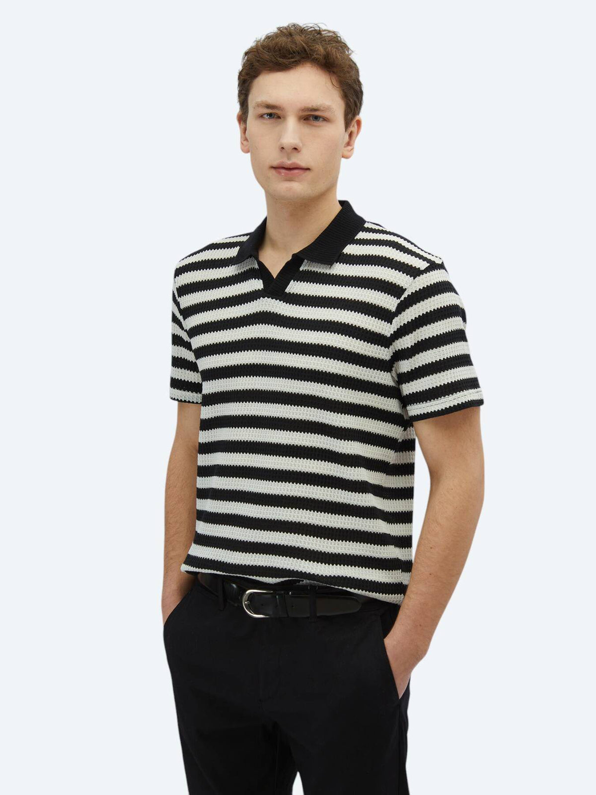 Gestreiftes Baumwollmischung Polo-Hals T-Shirt