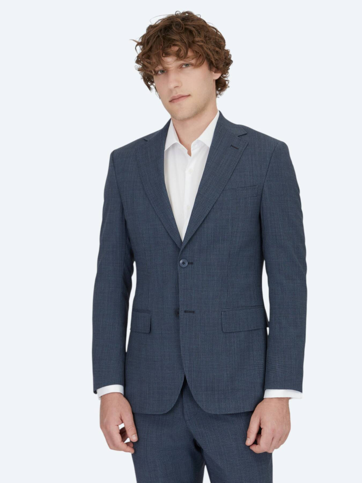 Marineblau gemustertes Modern Fit Wollmischanzug