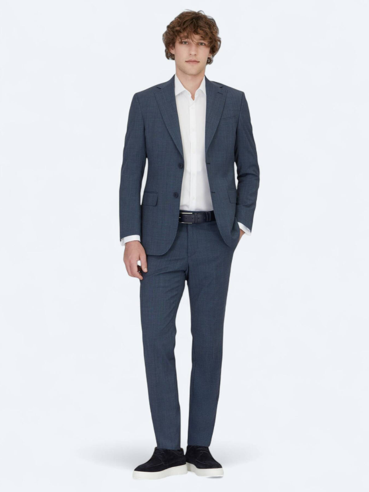Marineblau gemustertes Modern Fit Wollmischanzug