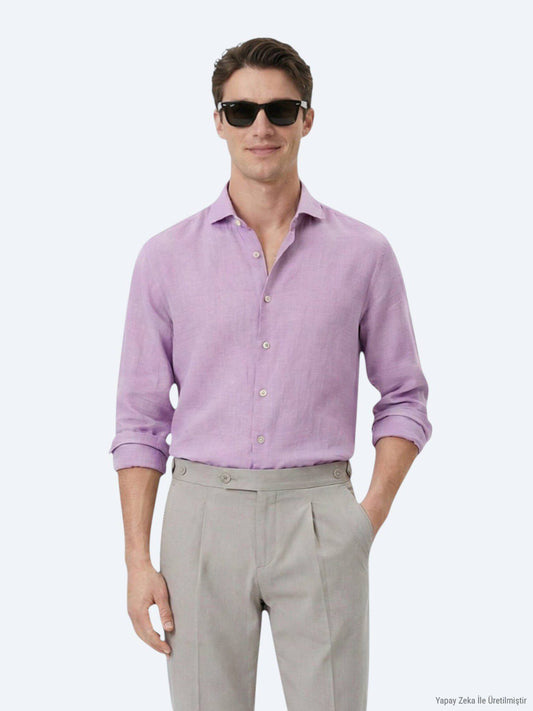 Lila Unifarben Regular Fit Baumwollhemd