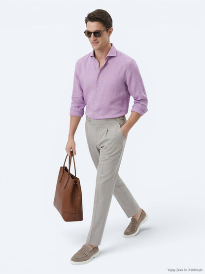Lila Unifarben Regular Fit Baumwollhemd