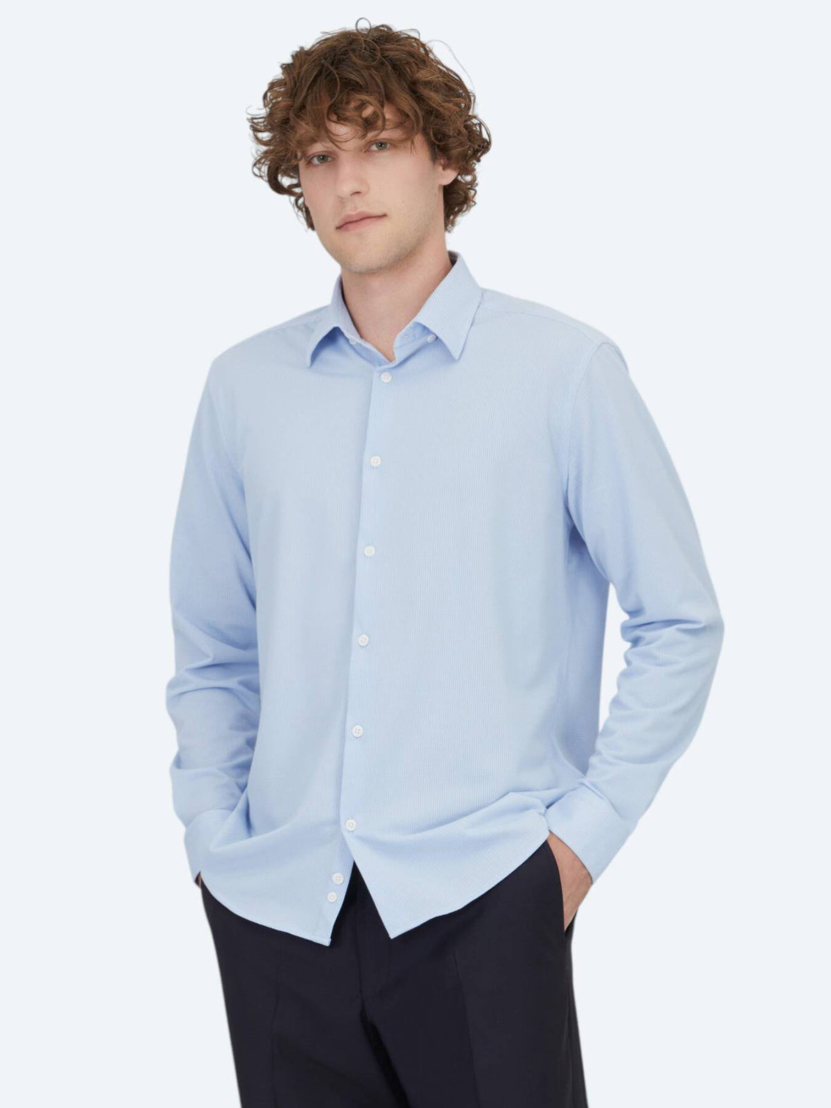 Hellblaues gestreiftes Regular Fit Strick-Casual-Hemd aus Baumwollmischung