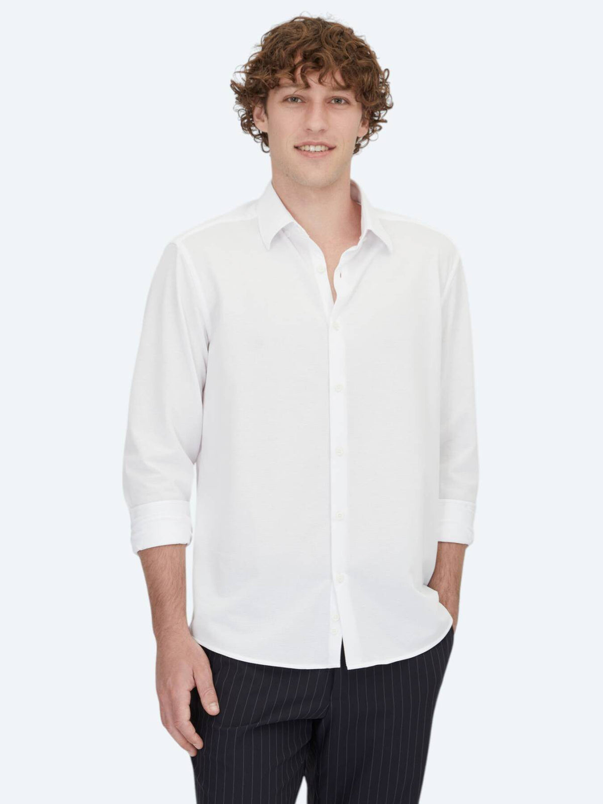 Weiß Gestreiftes Regular Fit Strick Freizeit Baumwollmischung Hemd