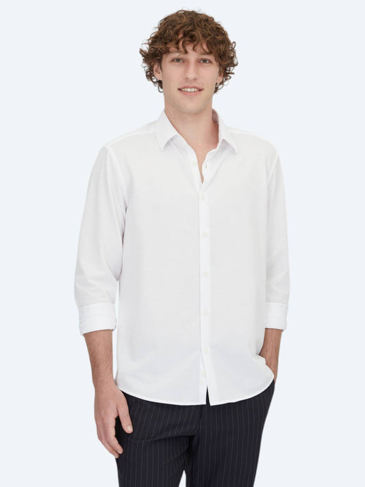 Weiß Gestreiftes Regular Fit Strick Freizeit Baumwollmischung Hemd