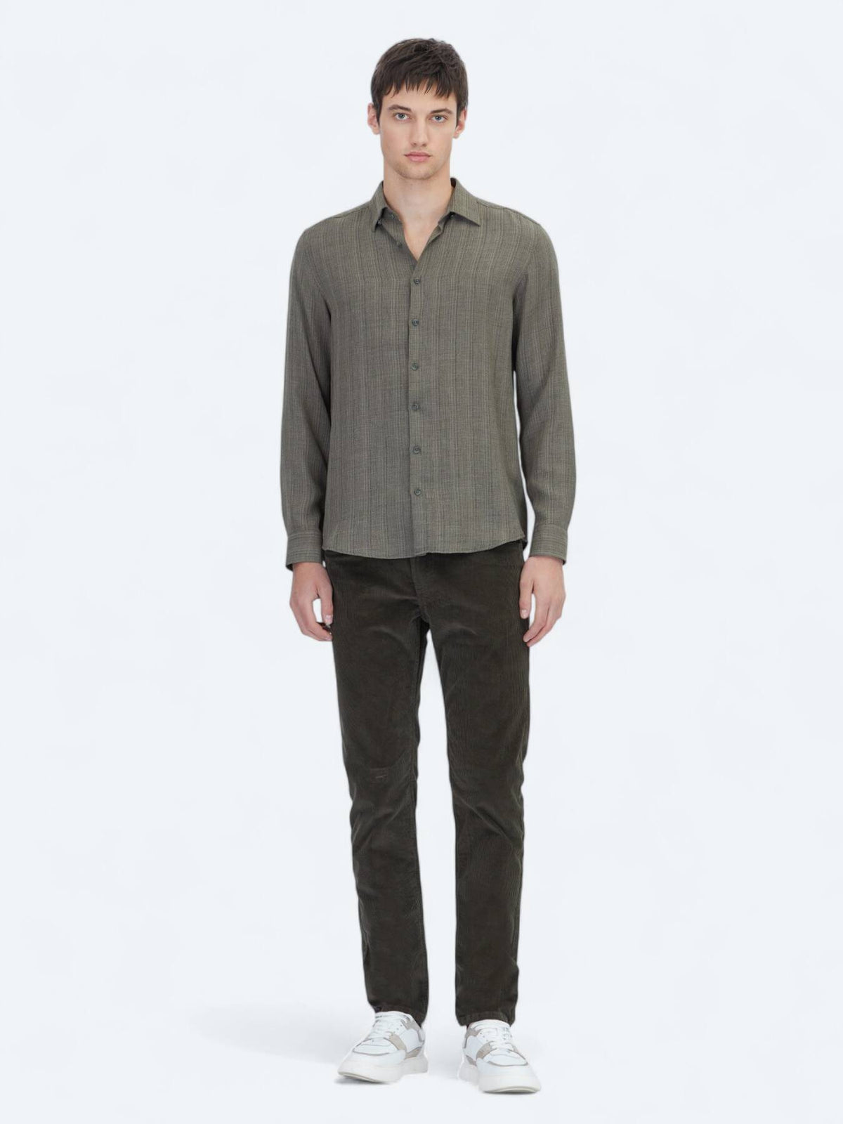 Khaki Gestreiftes Regular Fit Weben Freizeithemd