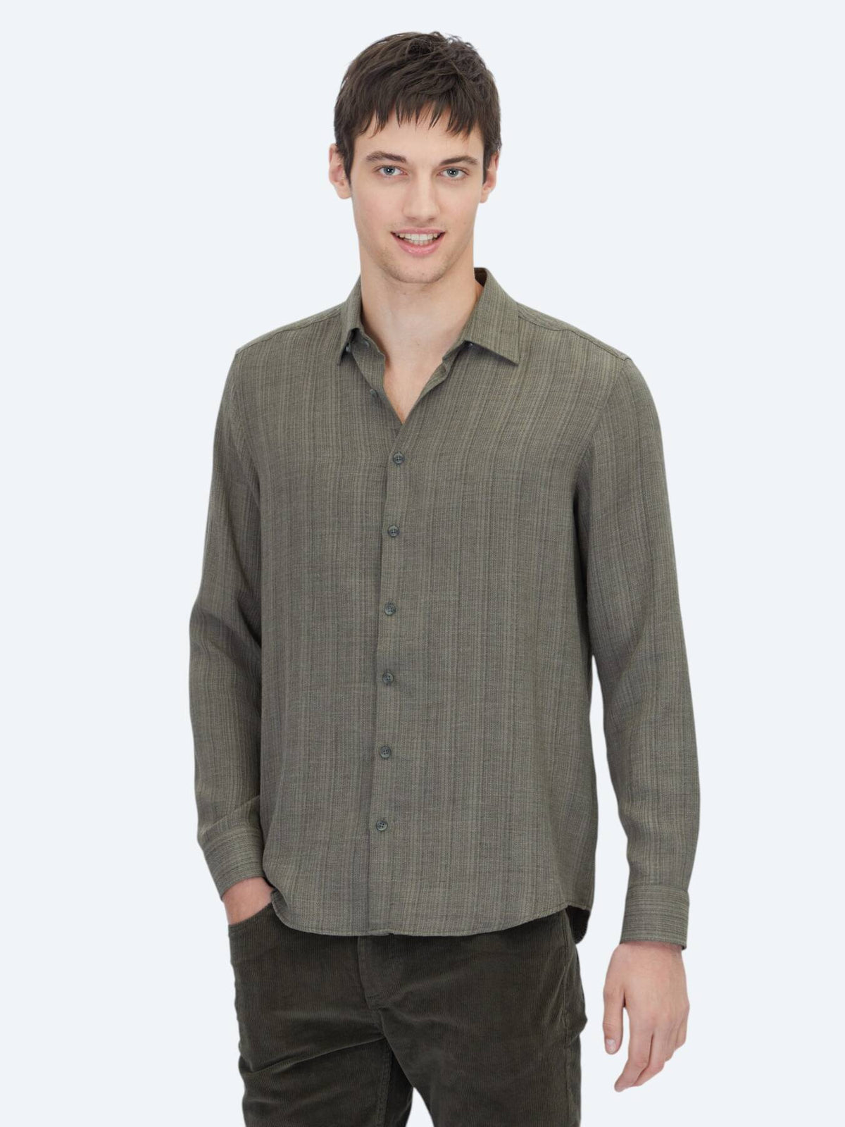 Khaki Gestreiftes Regular Fit Weben Freizeithemd