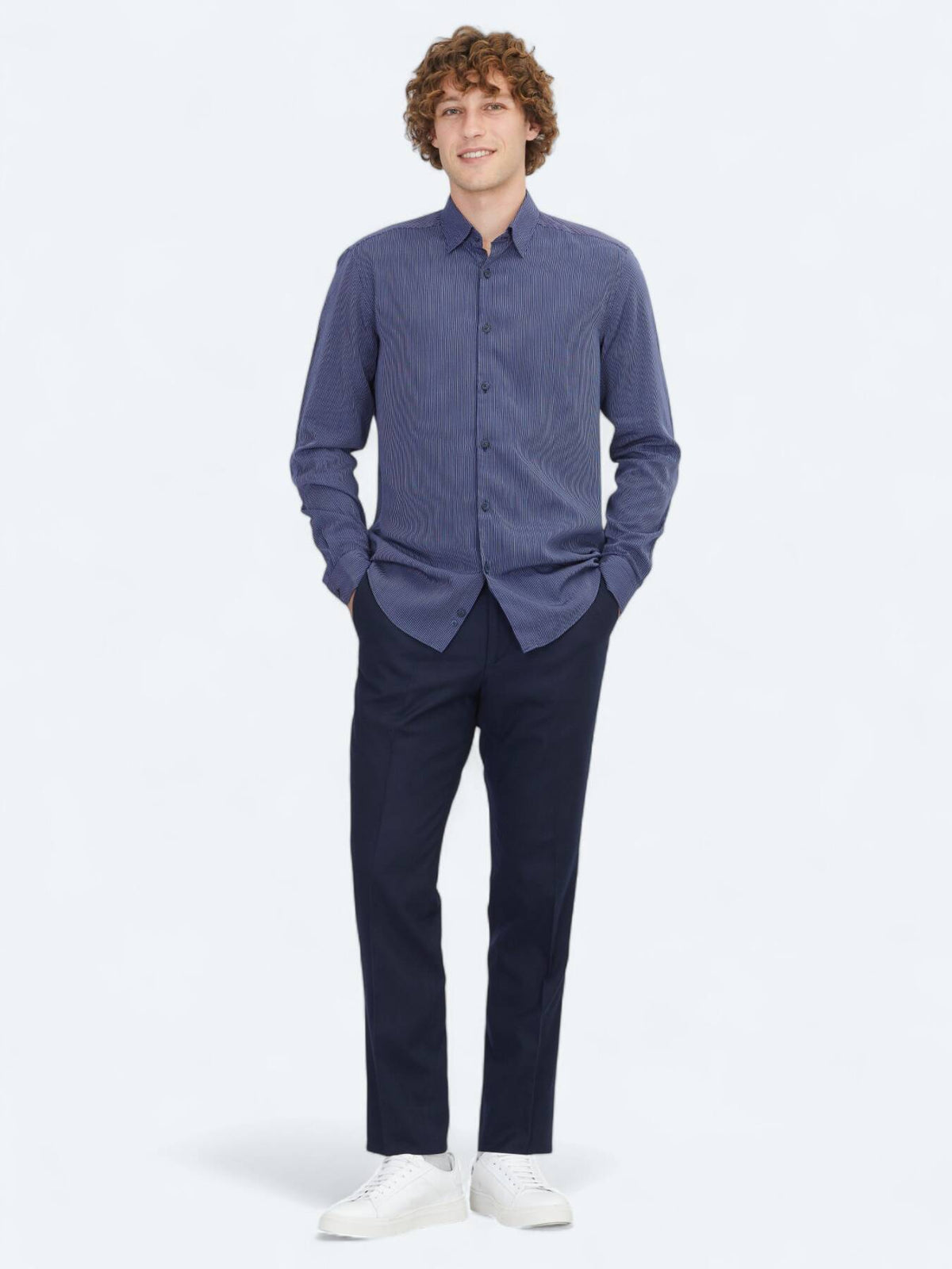 Marineblau gestreiftes Regular Fit Web-Casual-Hemd