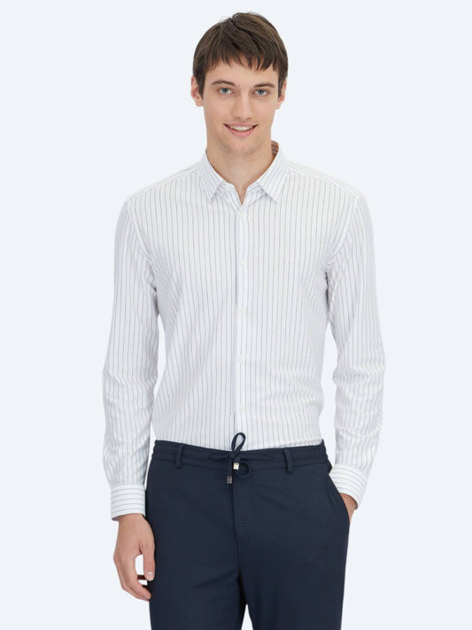 Navy Blau Gestreift Regulärer Schnitt Strick Sport Baumwollmischung Hemd