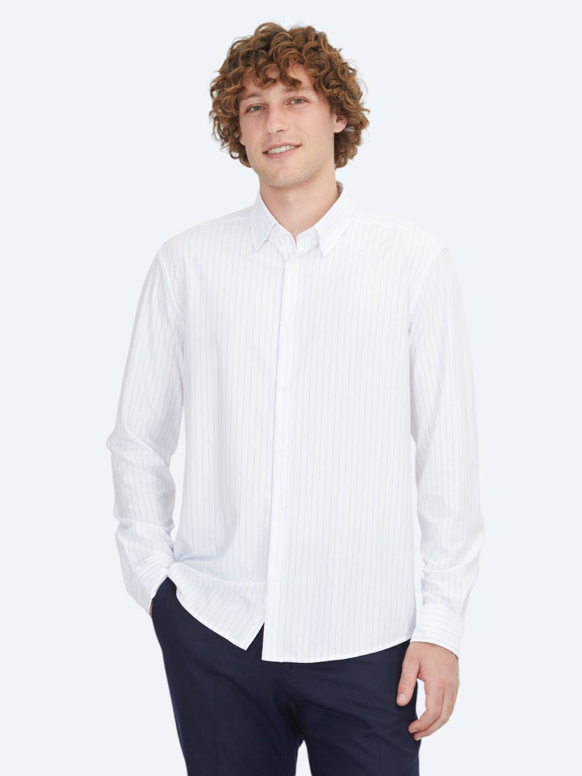 Blau Gestreiftes Regular Fit Strick Sport Baumwollmischung Hemd