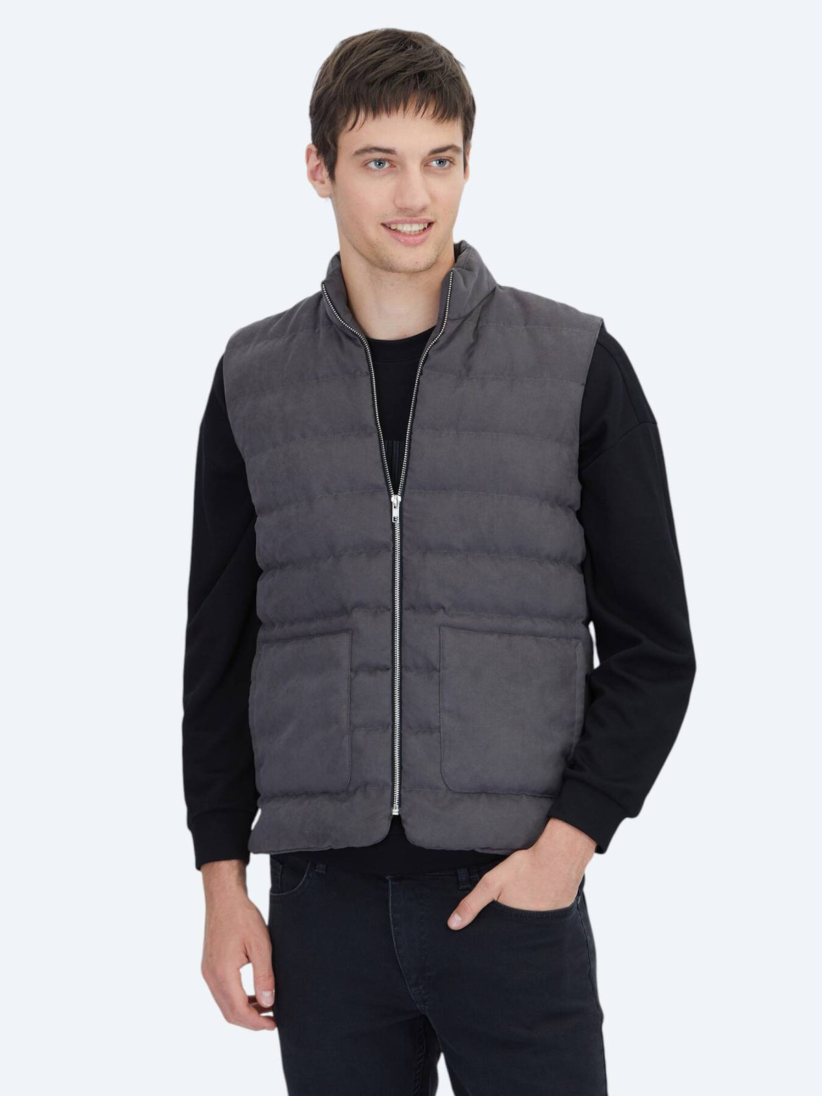 Grau Regular Fit Rollkragen Freizeit Web Puffer Weste