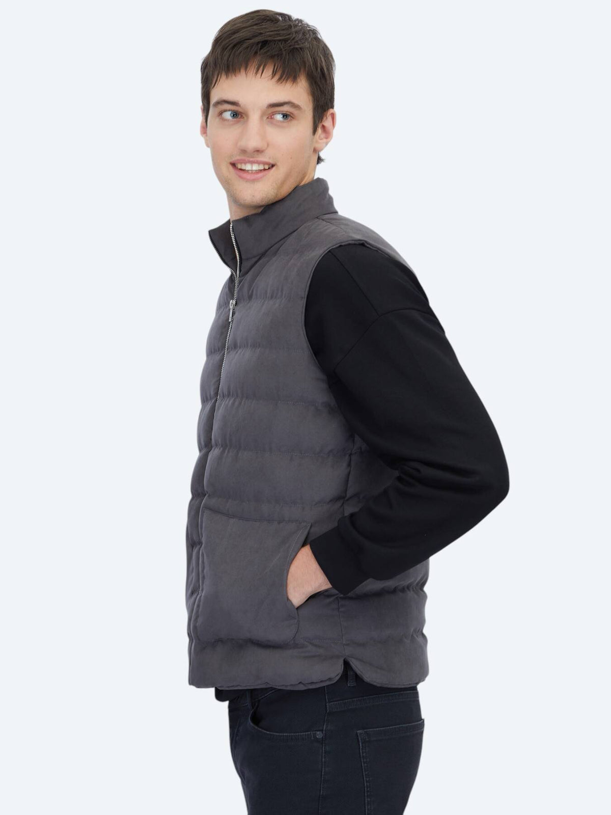 Grau Regular Fit Rollkragen Freizeit Web Puffer Weste
