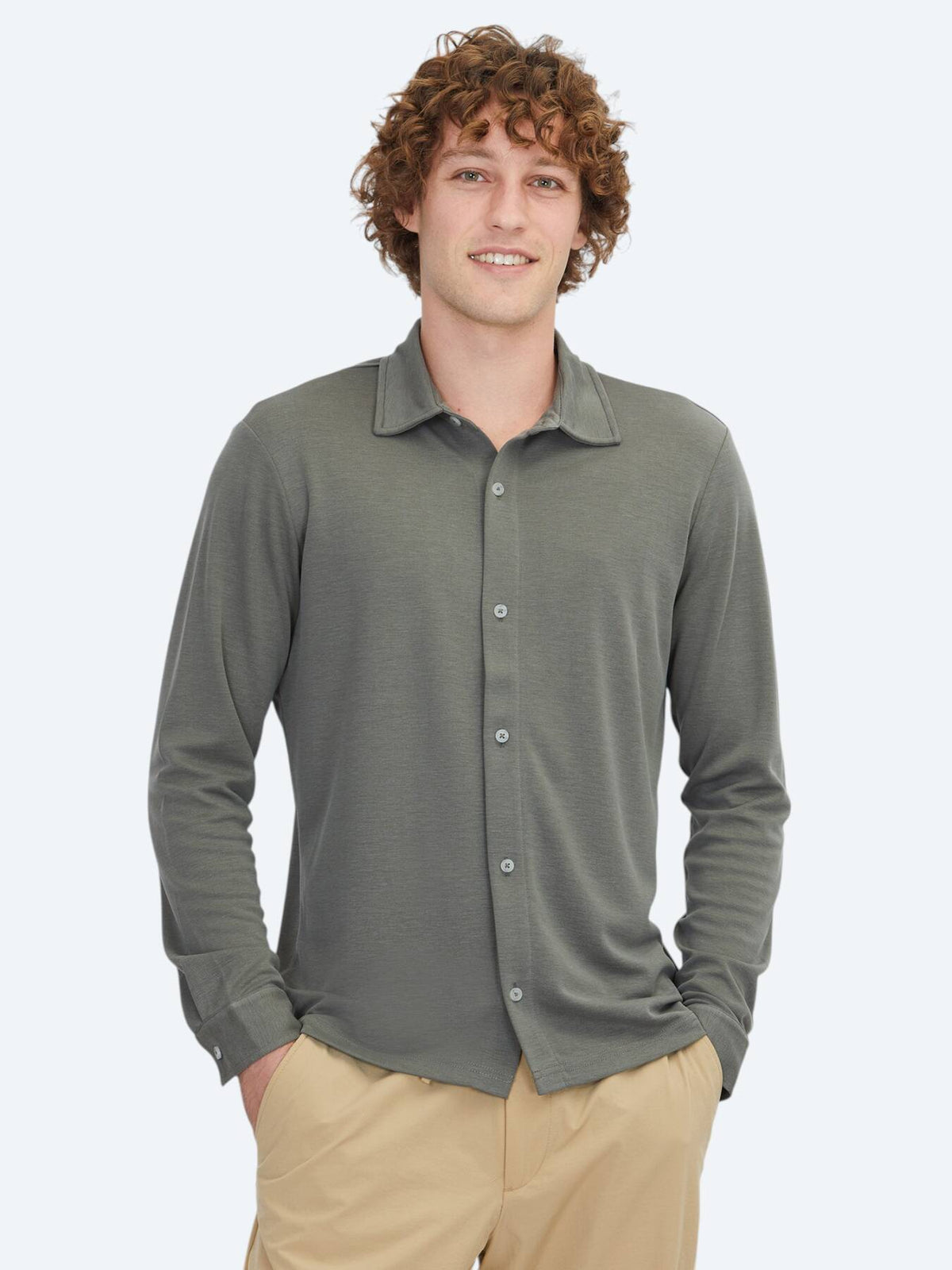 Khaki Einfarbig Normale Passform Strick Freizeithemd