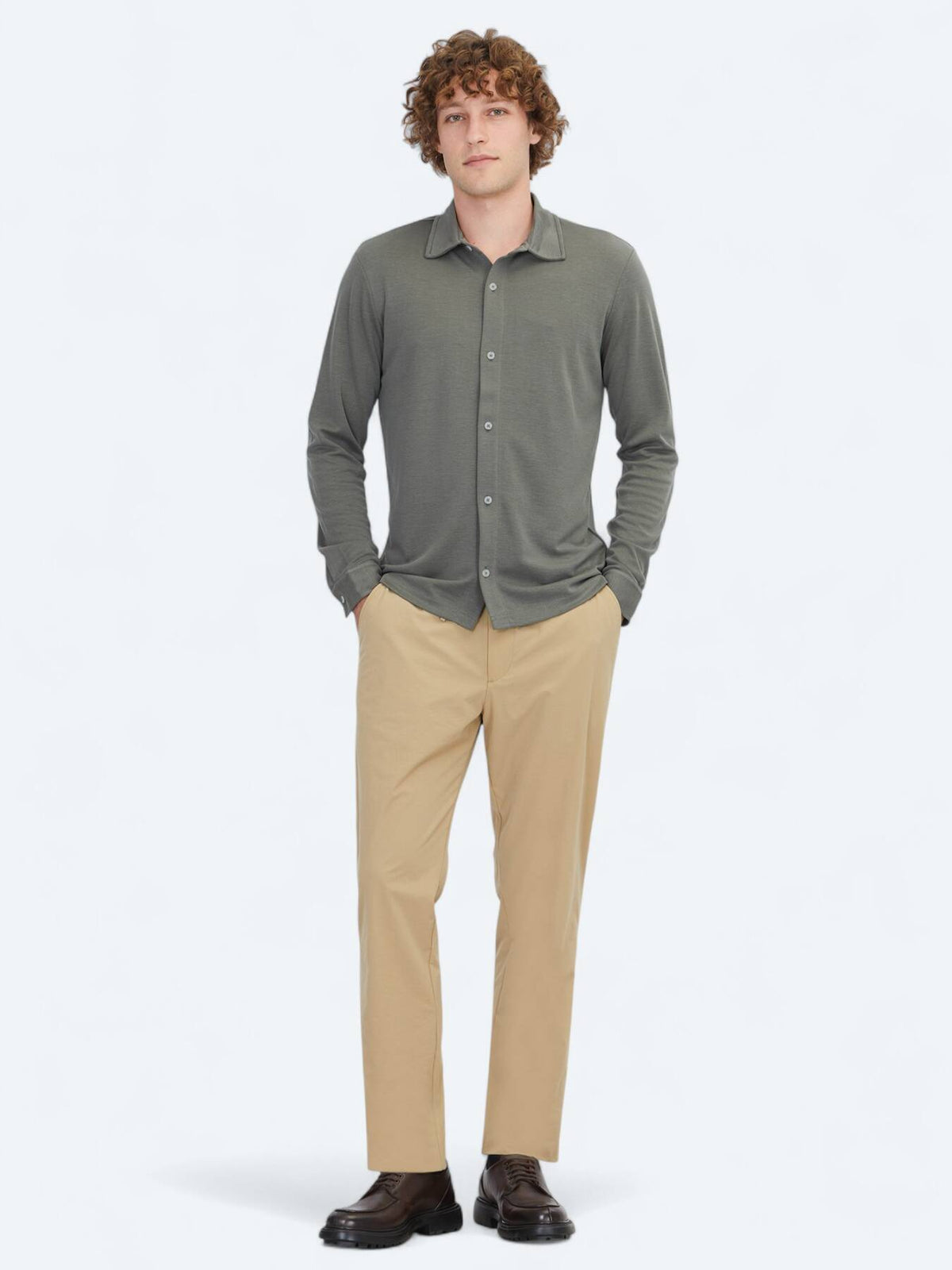Khaki Einfarbig Normale Passform Strick Freizeithemd