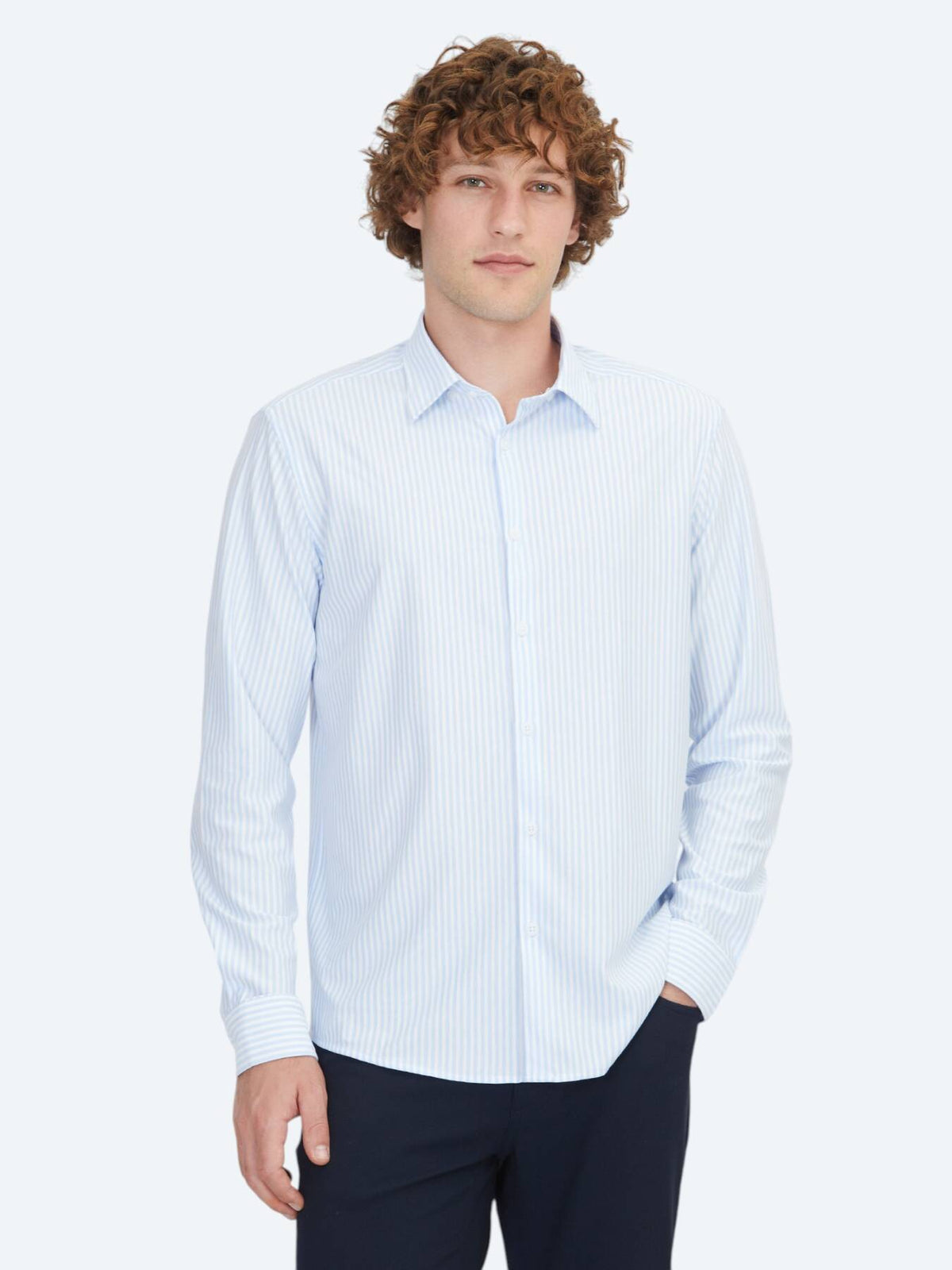 Blau Gestreiftes Regular Fit Strick Sport Baumwollmischung Hemd