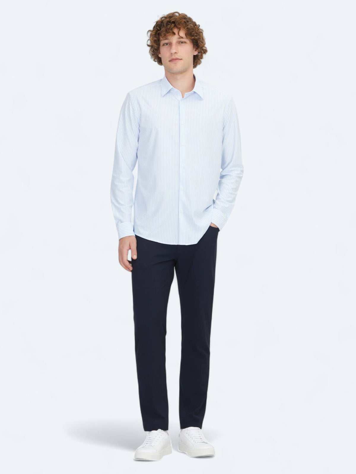Blau Gestreiftes Regular Fit Strick Sport Baumwollmischung Hemd