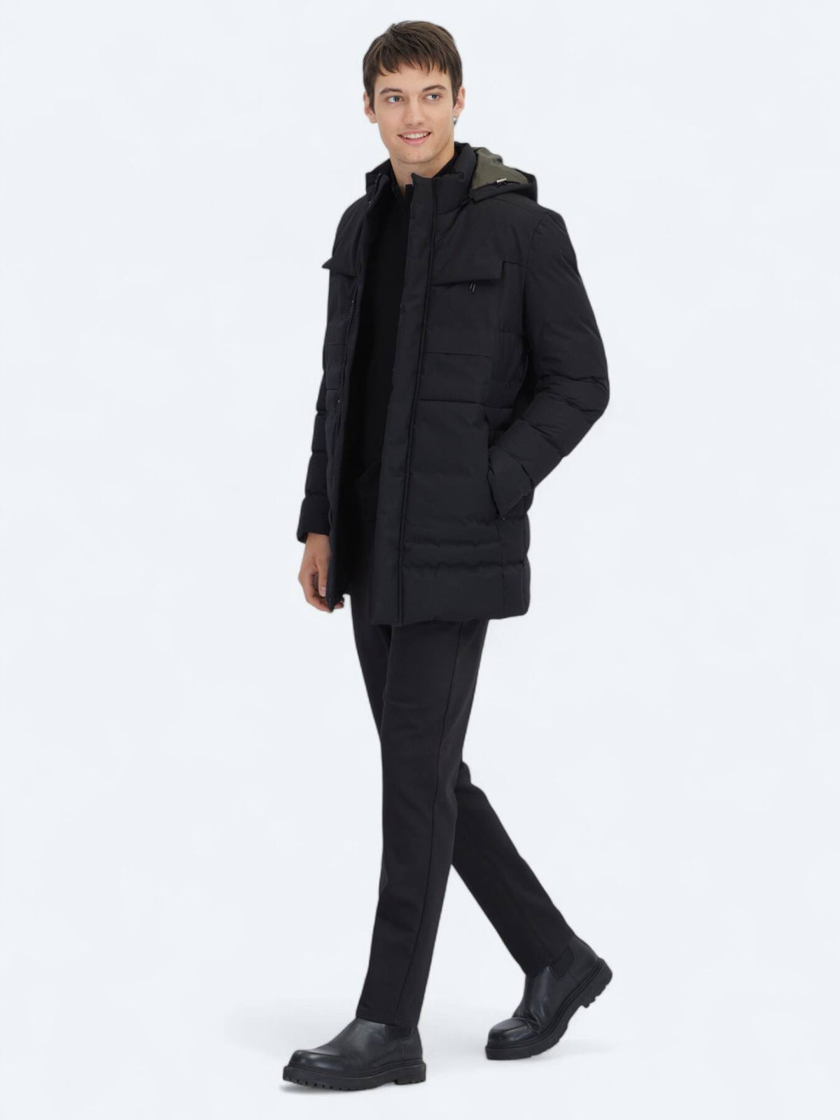 Schwarzer Regular Fit Kapuzen Casual Webmantel