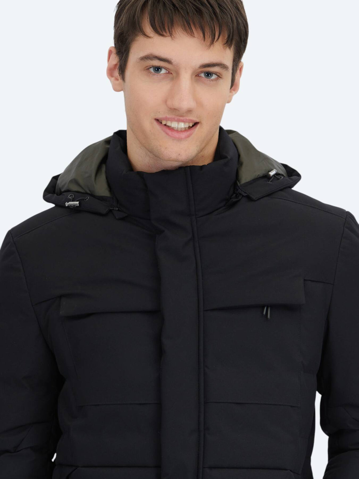 Schwarzer Regular Fit Kapuzen Casual Webmantel