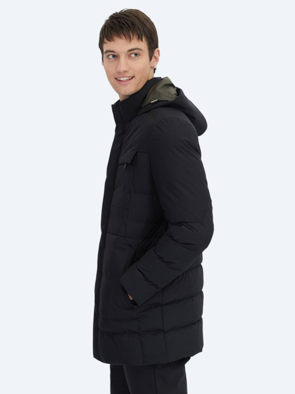Schwarzer Regular Fit Kapuzen Casual Webmantel