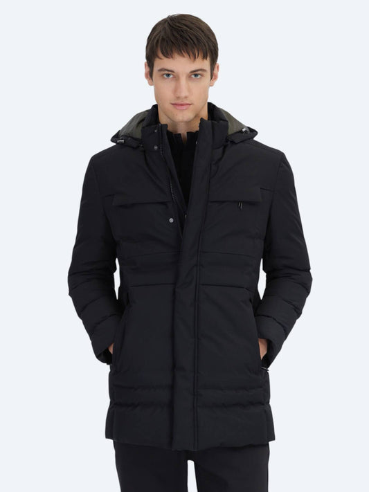 Schwarzer Regular Fit Kapuzen Casual Webmantel
