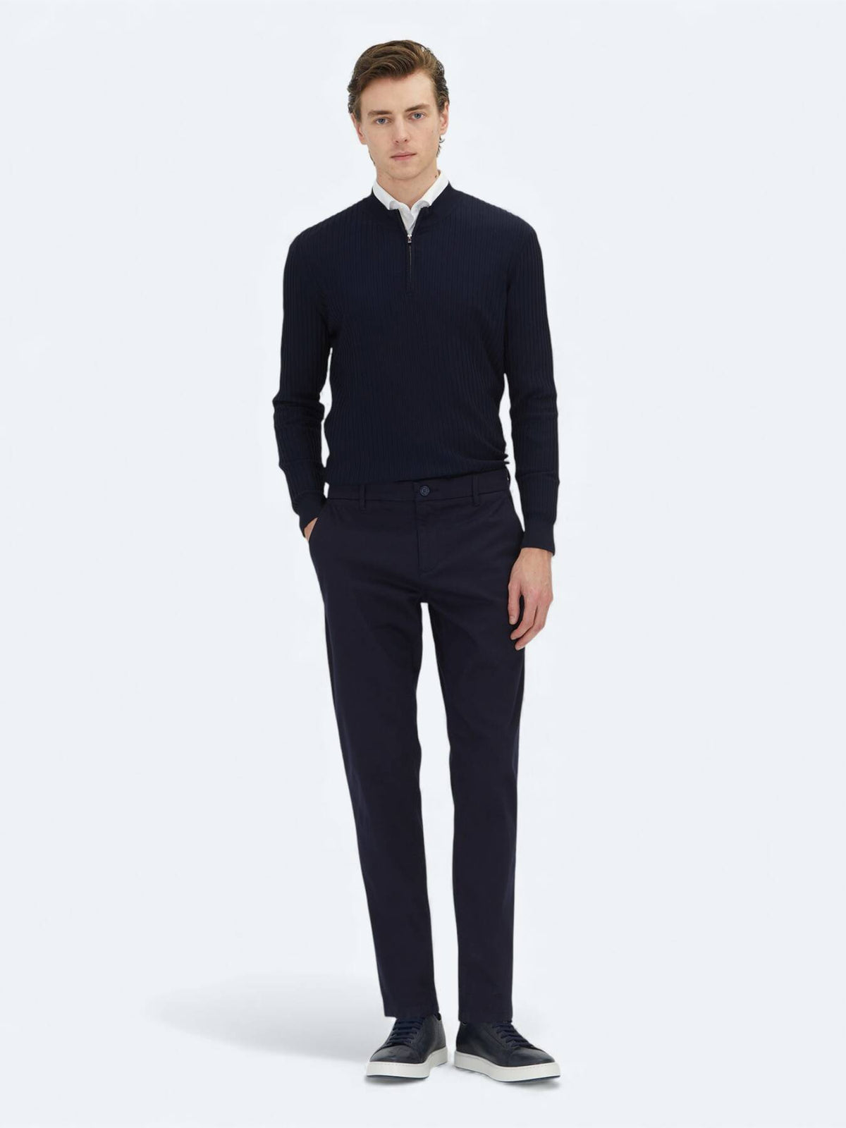 Marineblau Weben Regular Fit Freizeit Baumwollmischung Hose