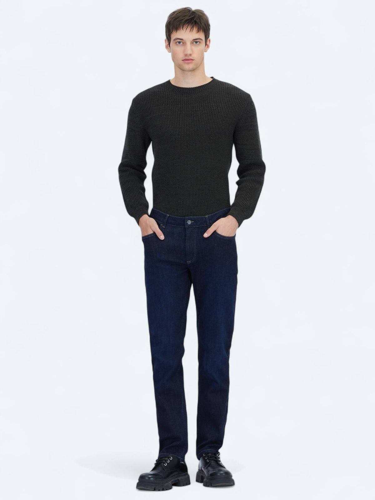Marineblaue Slim-Fit Denim-Baumwollmischungshose