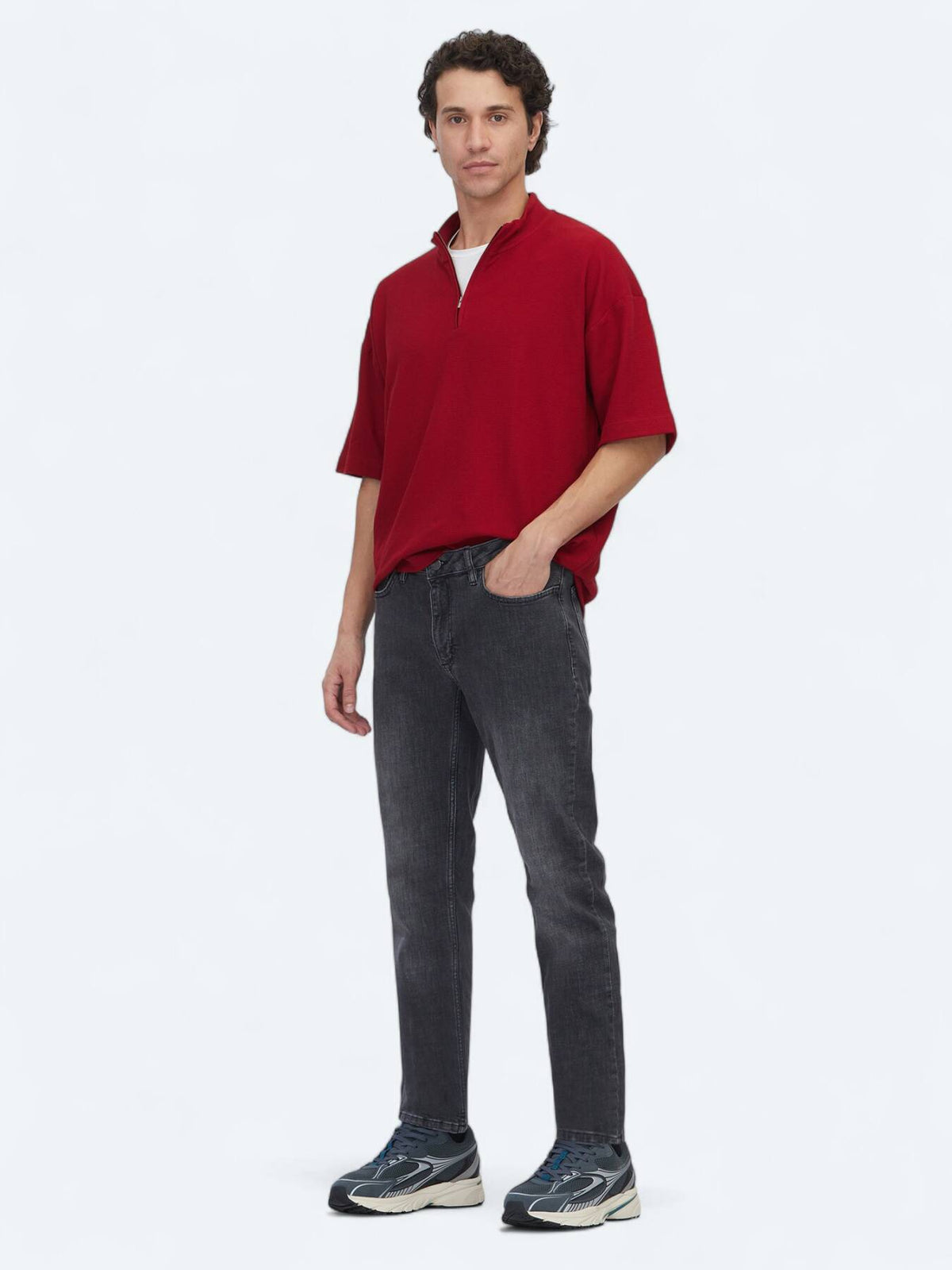 Grau Slim Fit Denim Baumwollhose