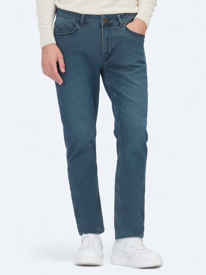 Petrolblaue Slim Fit Denim-Hose aus Baumwolle