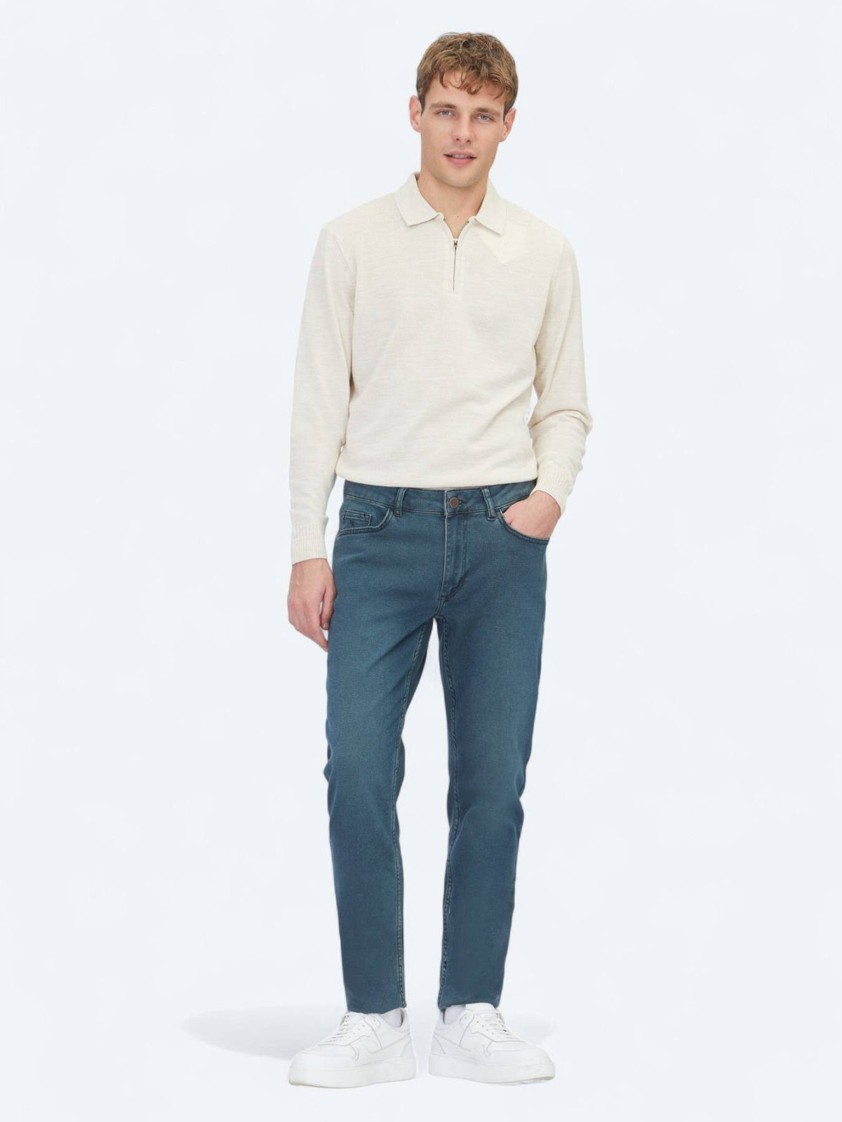 Petrolblaue Slim Fit Denim-Hose aus Baumwolle