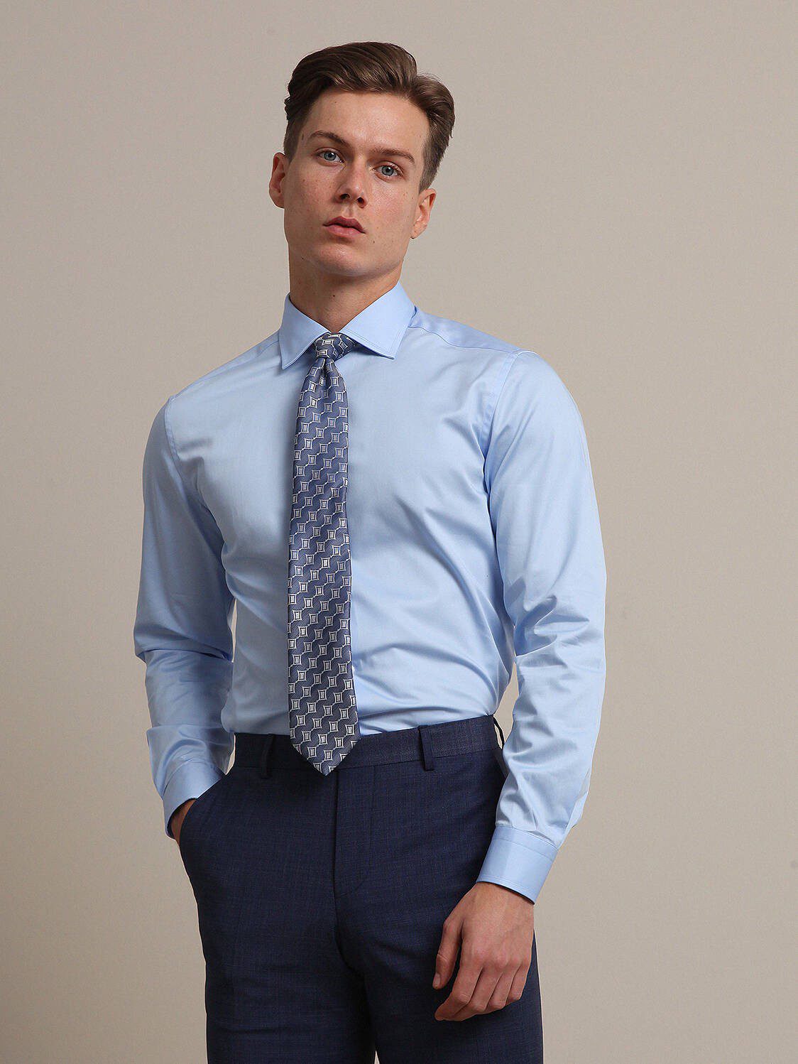 Blaues Klassisches Slim Fit Baumwollhemd