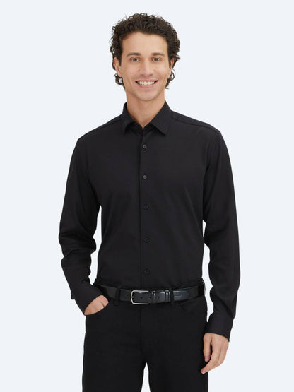 Schwarzes Einfarbiges Regular Fit Weben Freizeit 100% Baumwollhemd