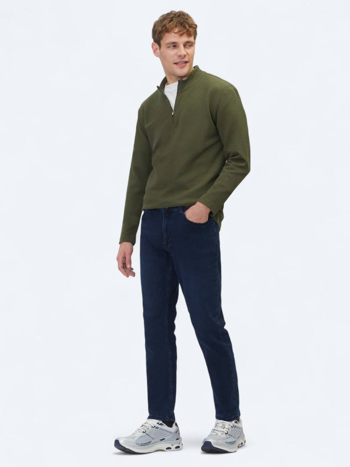 Khaki Rippstrick Rundhals T-Shirt