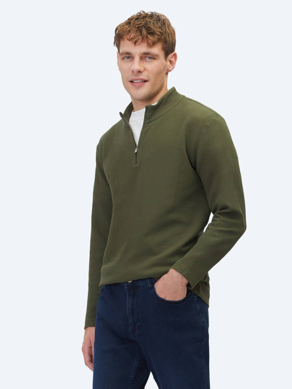 Khaki Rippstrick Rundhals T-Shirt