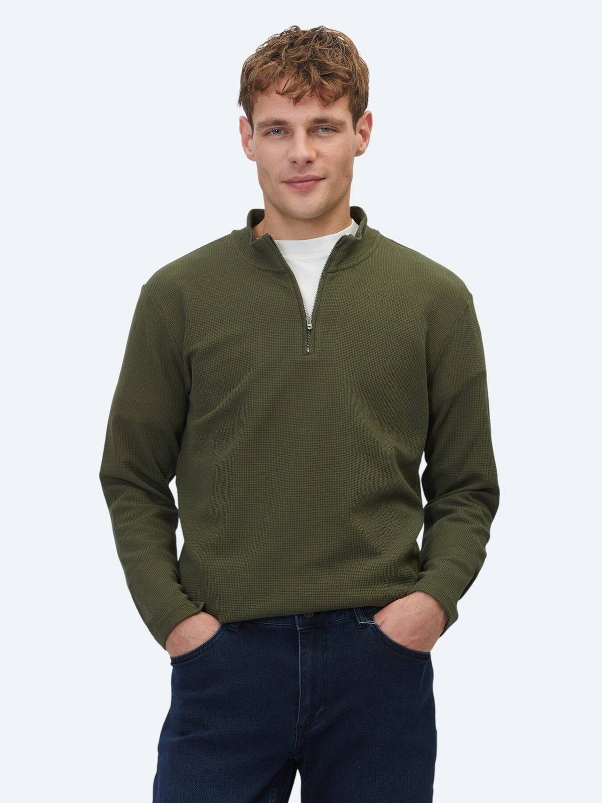 Khaki Rippstrick Rundhals T-Shirt