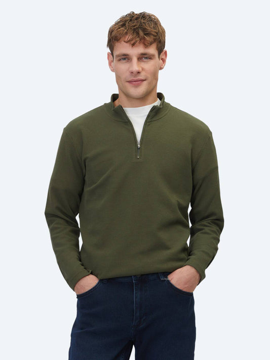 Khaki Rippstrick Rundhals T-Shirt