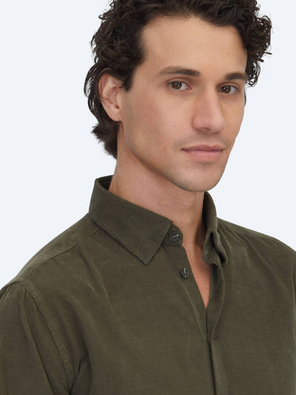 Khaki Gestreiftes Regular Fit Baumwollhemd