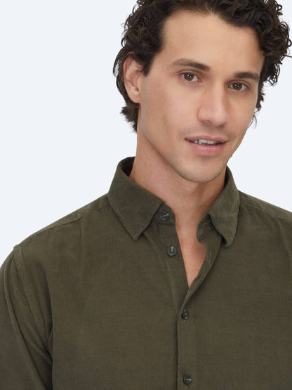 Khaki Gestreiftes Regular Fit Baumwollhemd