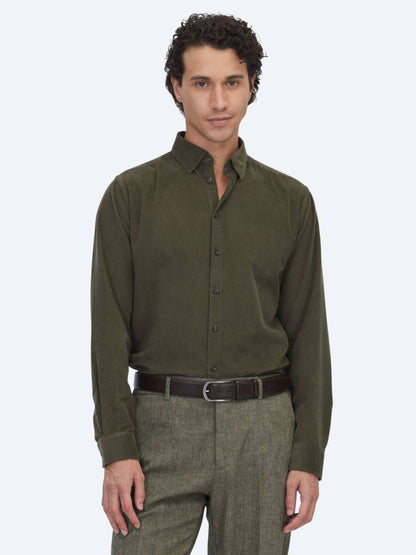 Khaki Gestreiftes Regular Fit Baumwollhemd