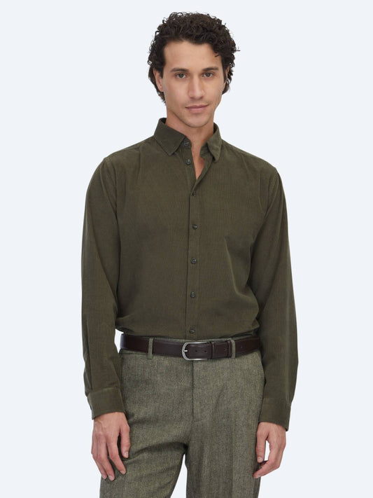 Khaki Gestreiftes Regular Fit Baumwollhemd