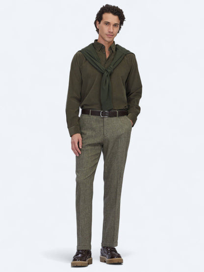 Khaki Gestreiftes Regular Fit Baumwollhemd