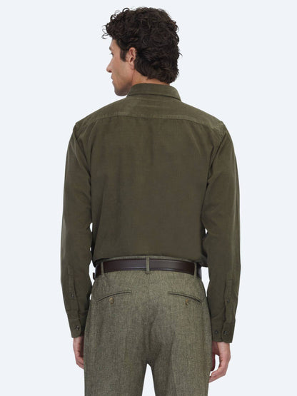 Khaki Gestreiftes Regular Fit Baumwollhemd