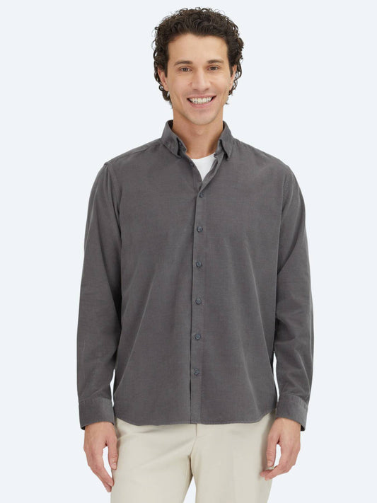 Grau Gestreiftes Regular Fit Casual Hemd 100% Baumwolle