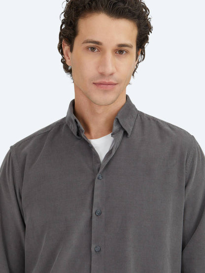 Grau Gestreiftes Regular Fit Casual Hemd 100% Baumwolle